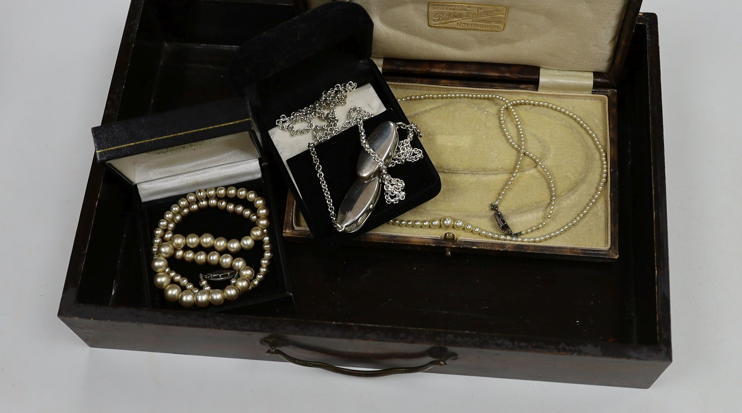 Assorted jewellery including costume, a silver brooch, an engraved yellow metal heart shaped locket, micro mosaic brooch etc. housed in an inlaid box.